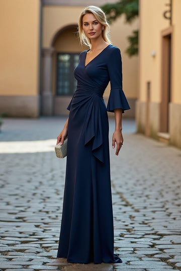Navy Mermaid Flare Sleeve V-Neck Mother Of The Bride Dress